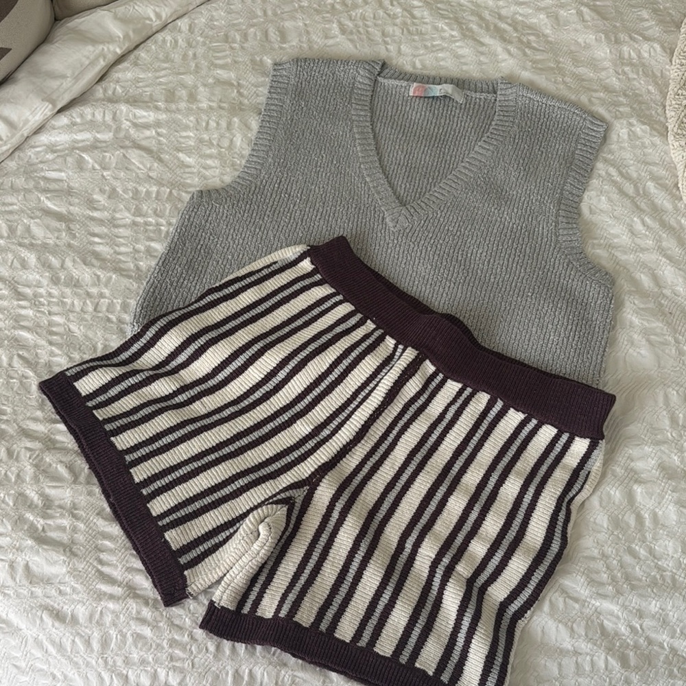 Gray Knit Vest and Striped Shorts Set